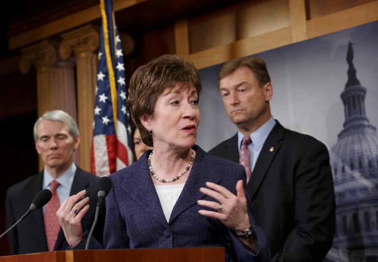 —œI think that he was suggesting that the Second Amendment advocates across the country might be able to come together to pressure the Senate to reject her nominees, should she become president,—£ Sen. Susan Collins said of Donald Trump. (AP Photo/J. Scott Applewhite)