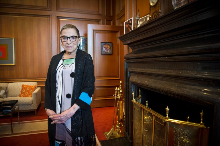FILE - In this July 31, 2014 file photo, Associate Justice Ruth Bader Ginsburg is seen in her chambers in at the Supreme Court in Washington. The fastest and surest path to marriage for same-sex couples in some parts of the United States would be for the Supreme Court to surprise everyone and decline to get involved in the issue right now. A decision by the justices to reject calls from all quarters to take up same-sex marriage would allow gay and lesbian couples in Indiana, Oklahoma, Utah, Virginia and Wisconsin to begin getting married almost immediately. Rulings in their favor have been put on hold while the Supreme Court considers their cases. Ginsburg appeared to be addressing that concern when she said in July that the court would not duck the issue as it did for years with bans on interracial marriage. (AP Photo/Cliff Owen, File)