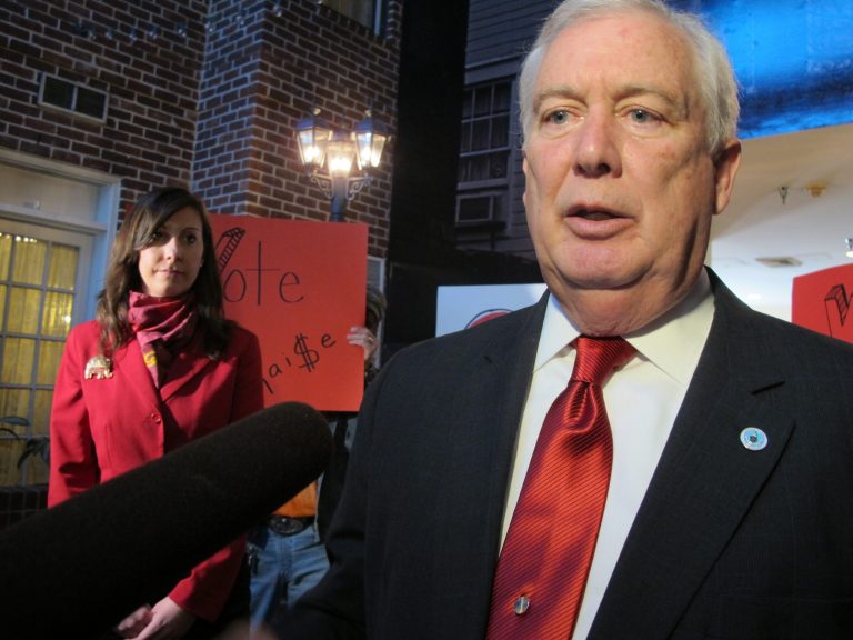 Harford County Executive David Craig, right, talks with reporters after a news conference about his  proposal to cut Maryland's income tax on Tuesday, Feb. 18, 2014, in Annapolis, Md. Craig, who is running in the Republican primary for governor of Maryland, discussed a plan to phase out the state's income tax. His running mate, Del. Jeannie Haddaway is standing beside him. (AP Photo/Brian Witte)