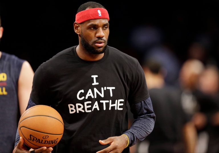Cleveland Cavaliers' LeBron James warms up before an NBA basketball game against the Brooklyn Nets at the Barclays Center, Monday, Dec. 8, 2014, in New York. Professional athletes have worn 