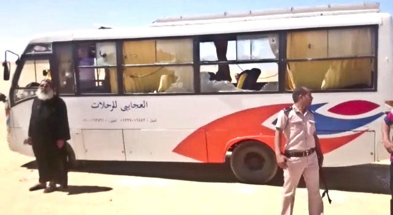 Gunmen opened fire on a bus carrying Coptic Christians on their way to pray at a monastery. (Minya Governorate Media office via AP)