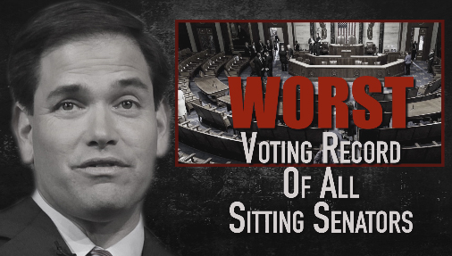 In the minute-long ad, Donald Trump zeroes in on Marco Rubio's finances, going after him for his past transactions concerning a Republican Party of Florida credit card and his missed votes in the U.S. Senate. (Screen shot)