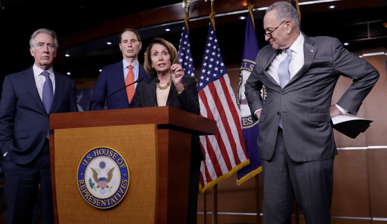 From left, Rep. Richard Neal, D-Mass., the ranking member of the Ways and Means Committee, Sen. Ron Wyden, D-Ore., the ranking member of the Senate Finance Committee, House Minority Leader Nancy Pelosi, D-Calif., and Senate Minority Leader Chuck Schumer, D-N.Y., respond to the Republican tax reform plan during a news conference on Capitol Hill in Washington, Thursday, Nov. 2, 2017. (AP Photo/J. Scott Applewhite)