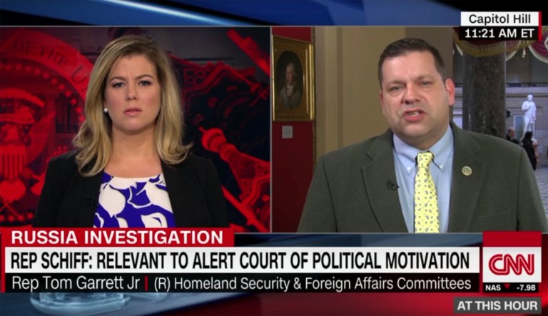 Rep. Tom Garrett, R-Va., on CNN Monday compared the investigation into Russian meddling in the 2016 election to the conspriacy theories that former President Barack Obama was not born in the U.S. (screenshot)
