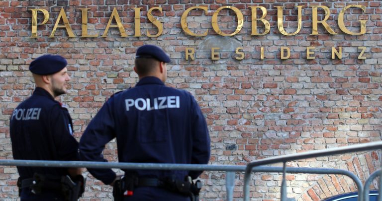Police guard in front of Hotel Palais Coburg during closed-door nuclear talks in Vienna, Austria, Thursday, Oct. 16, 2014. EU foreign policy chief Catherine Ashton and Iranian Foreign Minister Mohammad Javad Zarif continue their nuclear talks in an effort to meet the target date of Nov. 24., but with less than six weeks left, there may be no alternative than to prolonging them. (AP Photo/Ronald Zak)