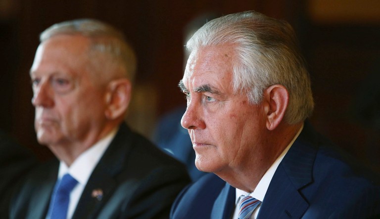 The Senate heard testimony from Mattis and Tillerson as it again considers whether to replace the existing authorizations for the use of military force, called AUMFs, in the wake of a deadly ambush on U.S. troops in Niger. (Mark Metcalfe/Pool Photo via AP)