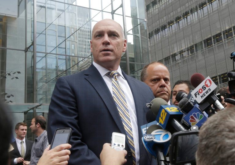 Anthony Simon, left, lead union negotiator for Long Island Rail Road Union, and union representative Dean Devita, speak during a news conference Wednesday, July 16, 2014, in New York. Shortly after Gov. Andrew Cuomo issued an appeal Wednesday for the sides to resume talking, the Metropolitan Transportation Authority, which operates the Long Island Rail Road, invited union negotiators to resume talks and union officials accepted. (AP Photo/Frank Franklin II)