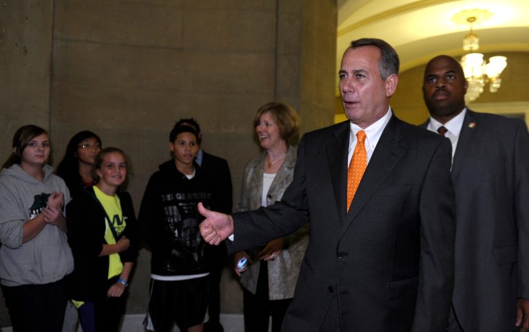 House Speaker John Boehner of Ohio stops to talk to a group of students as he walks backnto his office on Capitol Hill in Washington, Wednesday, Oct. 16, 2013. Senate leaders reached last-minute agreement Wednesday to avert a threatened Treasury default and reopen the government after a partial, 16-day shutdown, according to a Republican senator who also said congressional leaders would push for passage as soon as possible. (AP Photo/Susan Walsh)