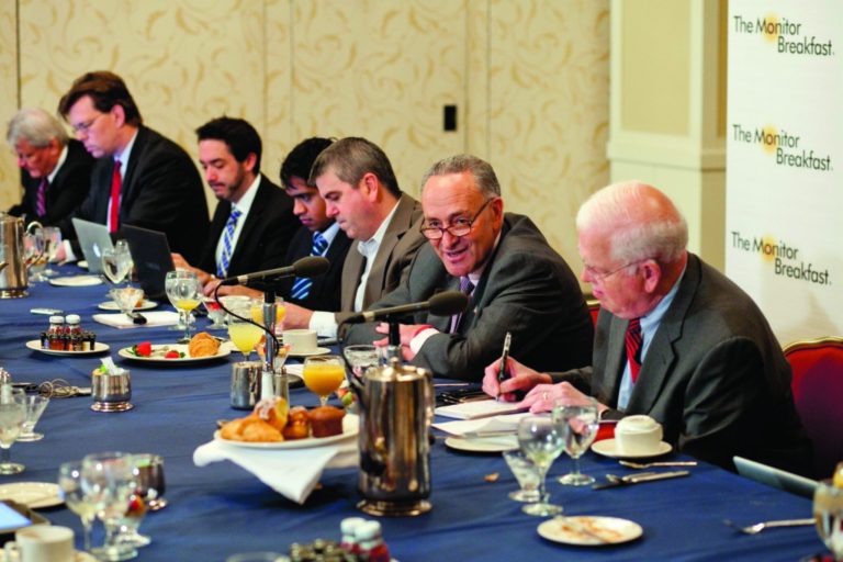 Senator Charles Schumer speaks at the Monitor Breakfast, November 8, 2012. Monitor host David Cook is at right. Michael Bonfigli/Christian Science Monitor
