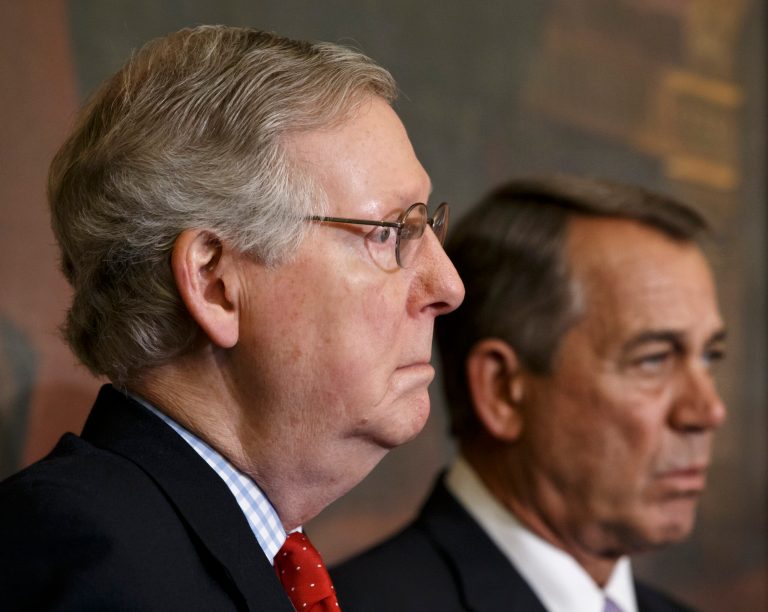 Though both houses of Congress are now controlled by Republicans,Â Senate Majority Leader Mitch McConnell, R-Ky., left, and Speaker of the House John Boehner, R-Ohio,Â are at a standstill over provisions attached to a Homeland Security spending bill aimed at blocking President Obama's executive actions on immigration. (AP Photo/J. Scott Applewhite)