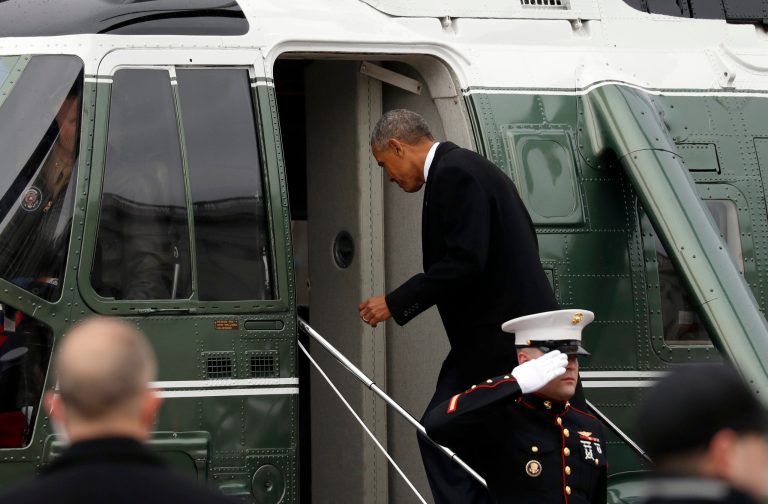 Former President Barack Obama boards a Marine helicopter during a departure ceremony the East Front of the U.S. Capitol, Friday, Jan. 20, 2017 in Washington, after Donald Trump was inaugurated (AP Photo/Alex Brandon)