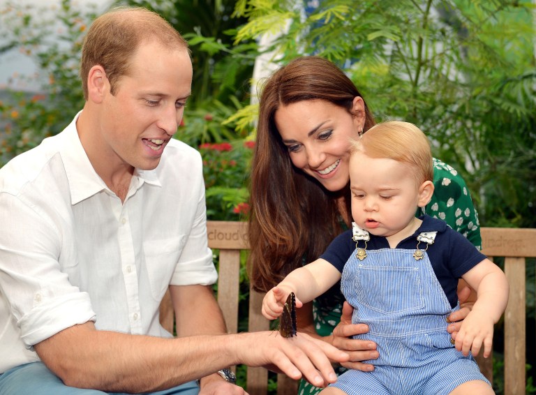 This photo taken Wednesday, July 2, 2014, and released Monday, July 21, 2014, to mark Prince George's first birthday, shows Britain's Prince William and Kate Duchess of Cambridge and the Prince during a visit to the Sensational Butterflies exhibition at the Natural History Museum, London. (AP Photo/John Stillwell, Pool)