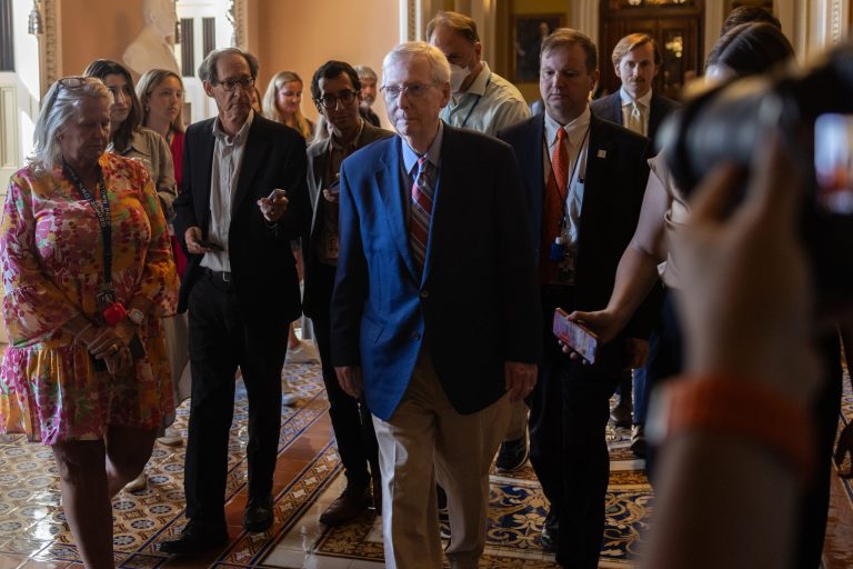Senate Minority Leader Mitch McConnell, R-Ky., walks to the Senate chamber to speak during the opening of the Senate on Tuesday, September 5, 2023.