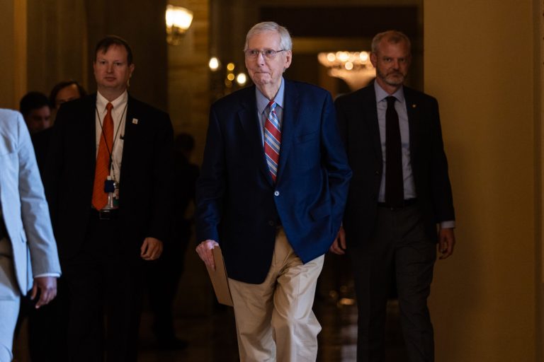 Senate Minority Leader Mitch McConnell (R-KY) walks to the Senate chamber to speak during the opening of the Senate on Tuesday, Sept. 5, 2023.