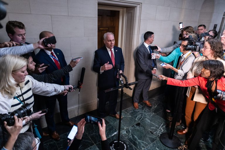 House Majority Leader Steve Scalise (R-LA) talks to the media as he leaves a meeting of House Republicans hearing from members running for House speaker, Oct. 10, 2023.