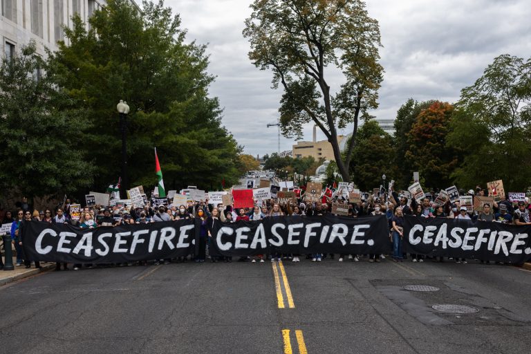 Demonstrators rally outside the U.S. Capitol demanding a ceasefire in Gaza on Oct. 18, 2023, in Washington, D.C. Activists with Jewish Voice for Peace and the IfNotNow movement organized the rally to call for a ceasefire in the Israel-Hamas war.