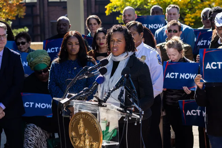 D.C. Mayor Muriel Bowser, center, Acting D.C. police Chief Pamela Smith, Lindsey Appiah, left, deputy mayor for public safety and justice, and members of the public conduct a news conference on The Addressing Crime Trends Now Act (ACT Now) 