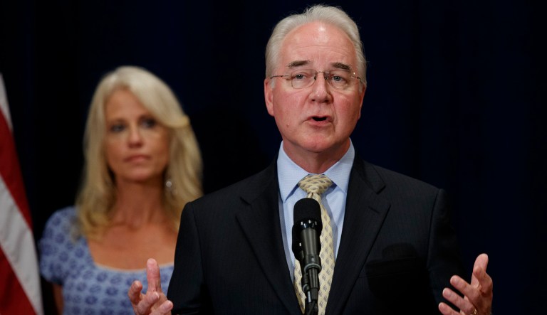 Health and Human Services Secretary Tom Price told reporters that the declaration, which would free up funds and let health workers waive red tape, is not needed. His comments came after meeting with Trump at his golf club in Bedminster, N.J. (AP Photo/Evan Vucci)