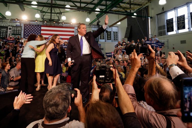New Jersey Gov. Chris Christie greets supporters before speaking to them during an event announcing he will seek the Republican nomination for president, Tuesday, June 30, 2015, at Livingston High School in Livingston, N.J. (AP Photo/Mel Evans)