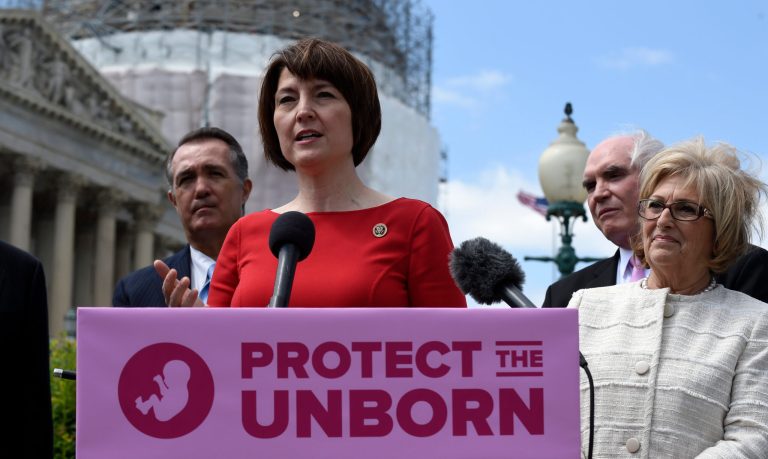 Rep. Cathy McMorris Rodgers, R., Wash., center, speaks during a news conference on the Pain-Capable Unborn Child Protection Act on Capitol Hill in Washington, Wednesday, May 13, 2015. (AP Photo/Susan Walsh)