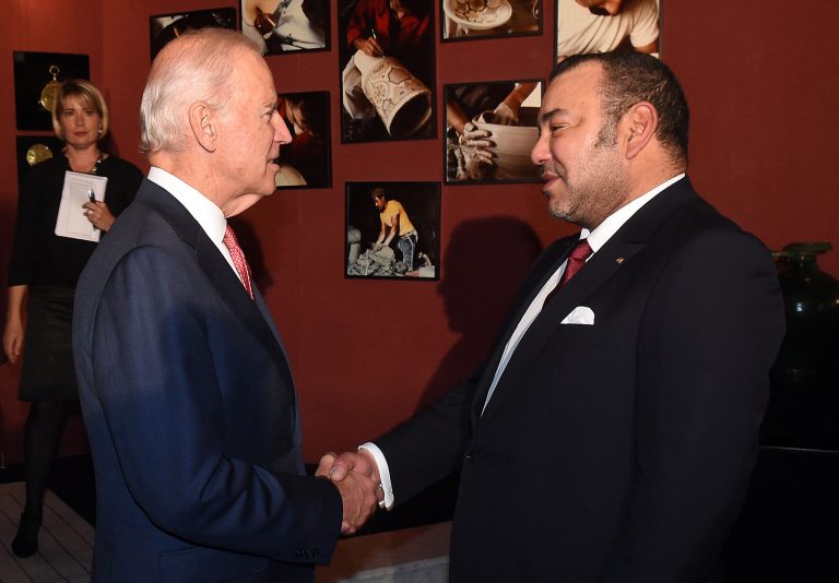 Vice President Biden, left, shakes hands with Morocco's King Mohammed VI at the royal palace in Fez, Morocco on Wednesday. (AP/Fadel Senna)