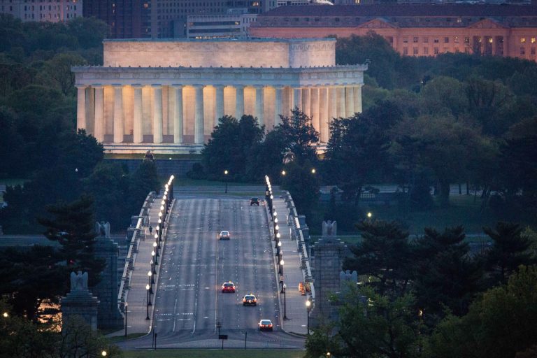 The Lincoln Memorial and the Memorial Bridge is seen from Arlington House in Arlington National Cemetery in Arlington, Va., Sunday, May 4, 2014. (AP Photo)