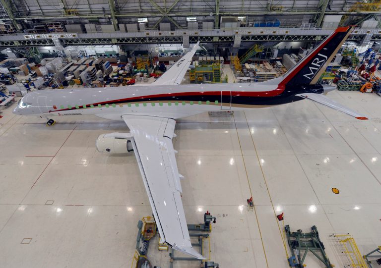 In this July 26, 2014 photo, Mitsubishi's new regional jet MRJ is at the company's Komaki south plant in Komaki, central Japan. The first made in Japan passenger jet in four decades reaches a development milestone later this week. (AP Photo/Mitsubishi Aircraft Corp)