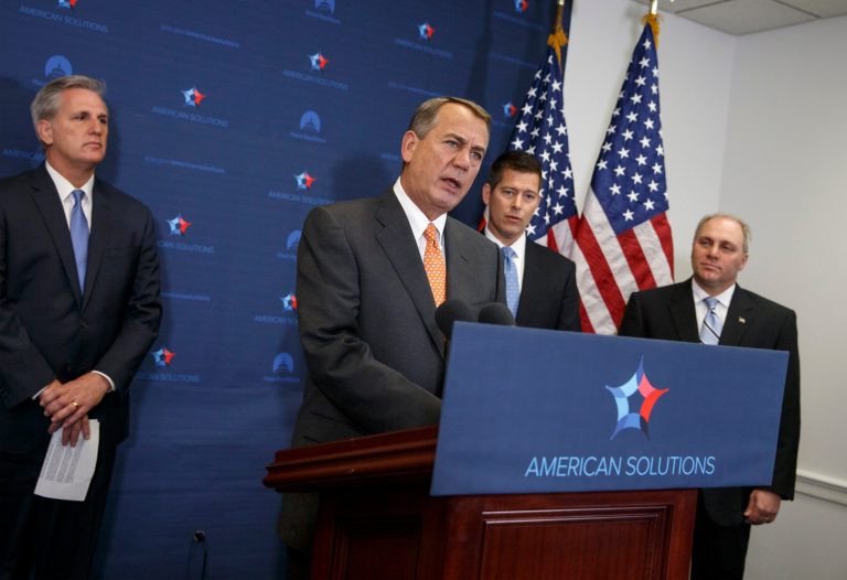 House Speaker John Boehner of Ohio, center, joined by, from left, House Majority Leader Kevin McCarthy, R-Calif., Rep. Sean Duffy, R-Wis., and House Majority Whip Steve Scalise of La., talks to reporters on Capitol Hill in Washington, Tuesday, Nov. 18, 2014, following a House GOP caucus meeting. (AP Photo/J. Scott Applewhite)