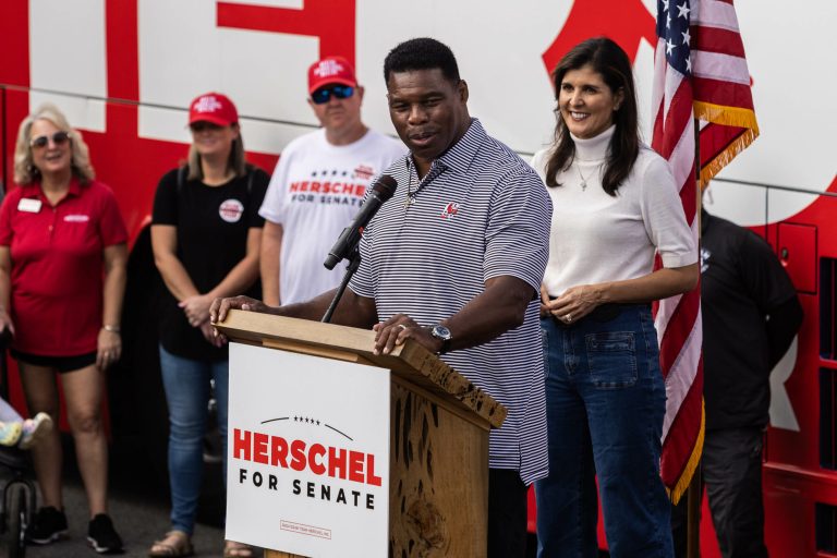 Senate candidate Herschel Walker speaks as Nikki Haley looks on at a campaign rally, in Hiram, Georgia, Sunday, Nov. 6, 2022.