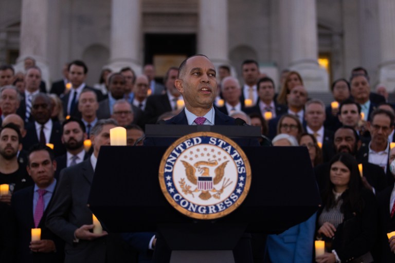 House Minority Leader Hakeem Jeffries (D-NY) and U.S. Speaker of the House Mike Johnson (R-LA) attend a bipartisan candlelight vigil with members of Congress to commemorate one month since the Hamas terrorist attacks in Israel on Oct. 7, at the U.S. Capitol Nov. 7, 2023, in Washington, D.C. In addition to the roughly 1,400 people killed in the Oct. 7 attack, Hamas is still holding around 240 hostages in Gaza. Israeli Prime Minister Benjamin Netanyahu has stated that there will be no ceasefire in the Gaza Strip until all of the hostages held by Hamas are released.
