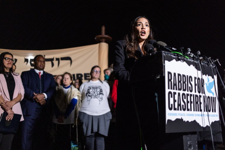 Rep. Alexandria Ocasio-Cortez (D-NY) speaks at a news conference calling for a ceasefire in Gaza outside the U.S. Capitol building on November 13, 2023, in Washington, D.C. House Democrats held the news conference alongside rabbis with the activist group Jewish Voices for Peace.