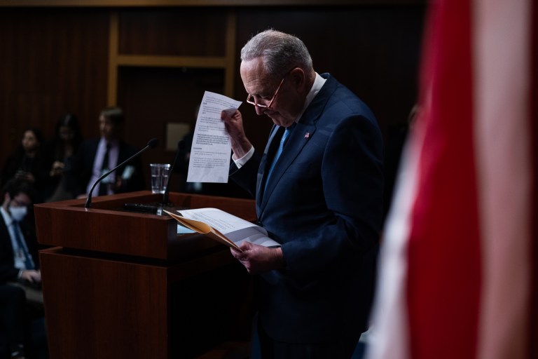 Senate Majority Leader Chuck Schumer, D-N.Y., holds a news conference in the U.S. Capitol on Tuesday, November 14, 2023.