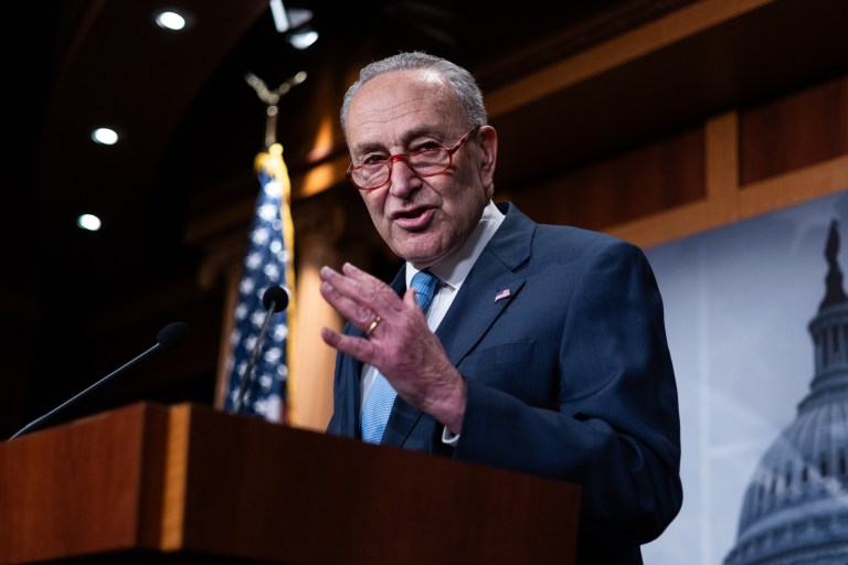 Senate Majority Leader Chuck Schumer (D-NY) holds a news conference in the Capitol on Tuesday, Nov. 14, 2023.