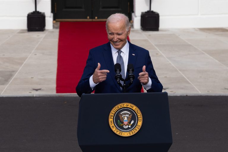 President Joe Biden arrives to pardon the national Thanksgiving turkeys, Liberty and Bell, during a ceremony on the South Lawn of the White House on Nov. 20, 2023, in Washington, DC. The 2023 National Thanksgiving Turkey and its alternate were raised in Willmar, Minnesota, and will be housed at the University of Minnesota after their pardoning.