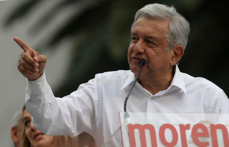 Mexican 2018 presidential hopeful Andres Manuel Lopez Obrador, leader of the National Regeneration Movement, MORENA, speaks during a rally at the Revolution Monument, in Mexico City. (AP Photo/Christian Palma, File)