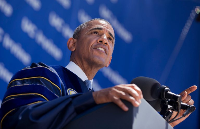 President Obama delivers his commencement address to the graduates of University of California, Irvine, at Angel Stadium in Anaheim, Calif., Saturday, June 14, 2014. (AP Photo/Manuel Balce Ceneta)