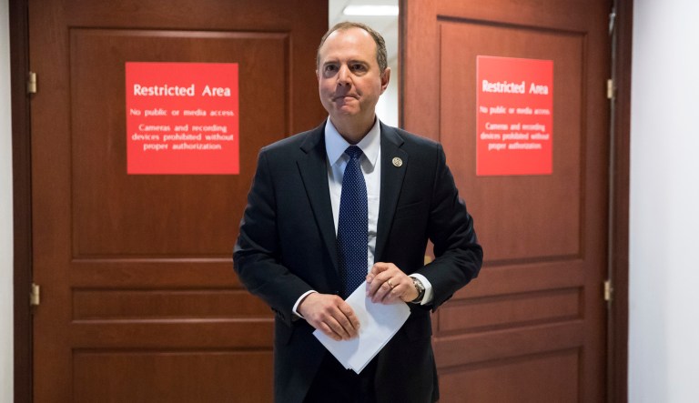 Rep. Adam Schiff, D-Calif., ranking member of the House Intelligence Committee, leaves a secure area where the panel meets as Democrats seek to push back against a classified memo released by Republicans last week questioning the methods used by the FBI to apply for a surveillance warrant on a onetime associate of the Trump campaign. (AP Photo/J. Scott Applewhite)