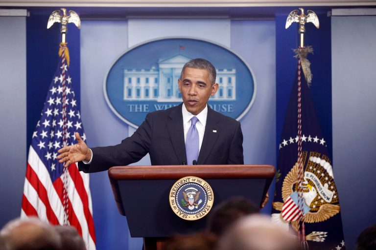 President Barack Obama speaks about his signature health care law, Thursday, Nov. 14, 2013, in the Brady Press Briefing Room of the White House in Washington. Bowing to pressure, President Barack Obama intends to permit continued sale of individual insurance plans that have been canceled because they failed to meet coverage standards under the health care law, officials said Thursday. (AP Photo/Charles Dharapak)