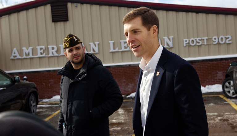 Conor Lamb (pictured right) stands with a veteran at a campaign event at the American Legion Post 902 in Houston, Pa. Lamb, a Marine veteran and assistant U.S. attorney, is running against against Republican Rick Saccone in the special election to replace former Rep. Tim Murphy, who resigned in disgrace over a sex scandal. (Justin Merriman / Washington Examiner)