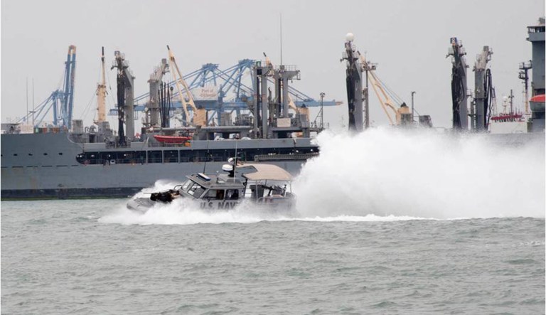 PORT OF DJIBOUTI: A patrol boat 4 executes a sharp turn while patrolling in the Port of Djibouti during a training exercise. 