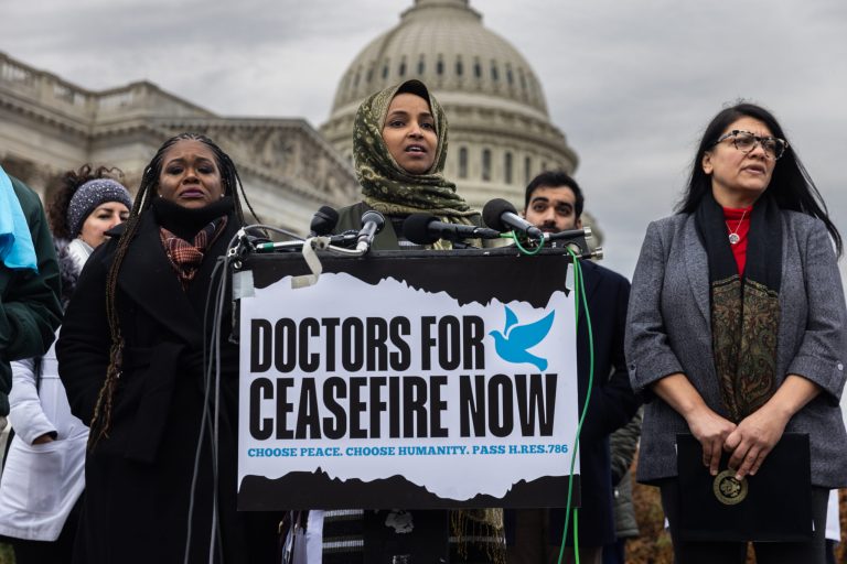 Reps. Cori Bush, Rashida Tlaib, and Ilhan Omar hold a news conference outside the U.S. Capitol on December 7, 2023, to call for a ceasefire in the Israel-Hamas War in Gaza.
