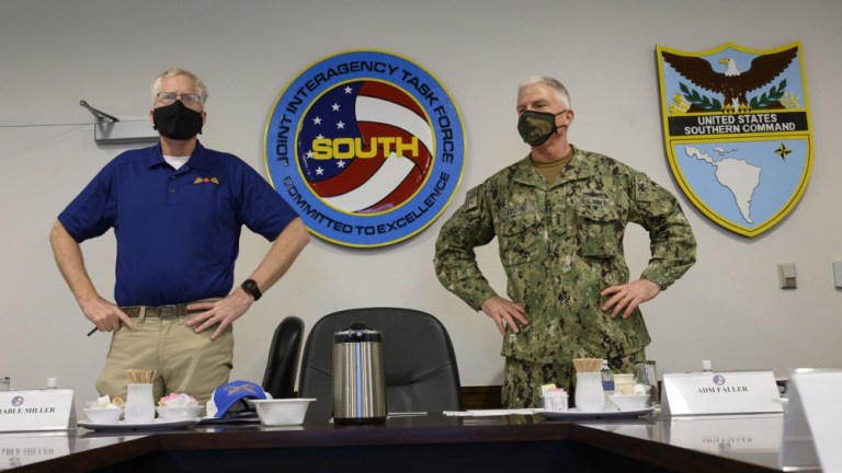 Acting Defense Secretary Chris Miller attends a briefing with the commander of U.S. Southern Command, Navy Adm. Craig Faller, at Joint Interagency Task Force South, Key West, Fla., Dec. 16, 2020. 