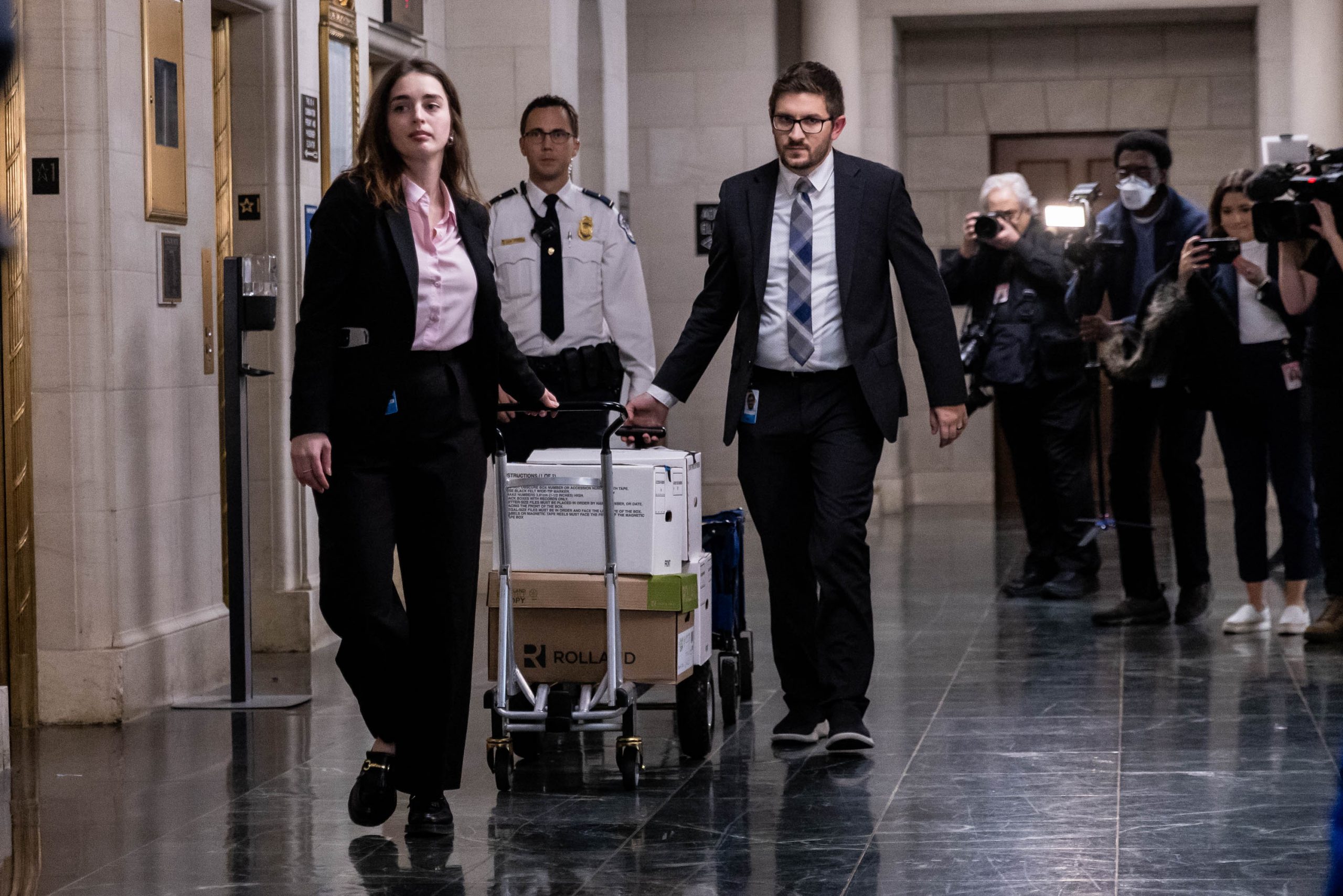 Documents arrive as the House Ways & Means Committee holds a hearing regarding tax returns from former President Donald Trump on Capitol Hill in Washington, Tuesday, December 20, 2022.
