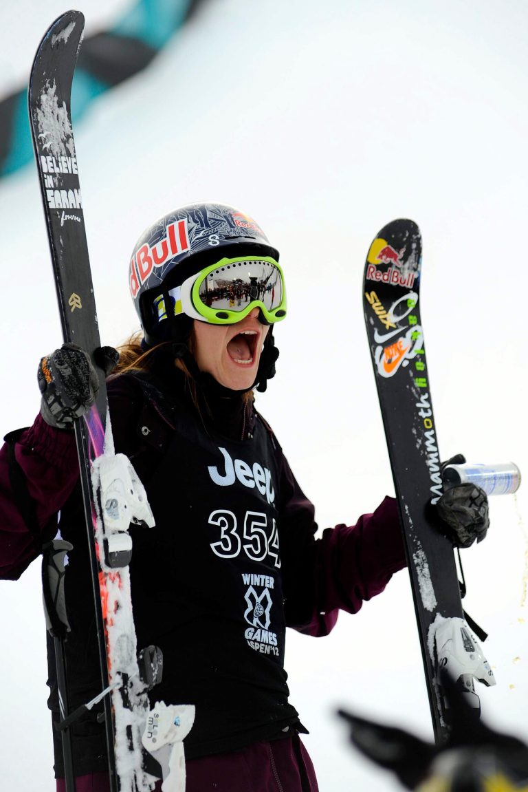   FILE - This Jan. 26, 2012 file photo shows Kaya Turski, of Canada, celebrating after winning the women's slopestyle skiing finals at the Winter X Games in Aspen, Colo. The piercing headaches hardly ever backed off or gave Turski even so much as a moment's peace. At wit's end, Turski went to see a noted spine specialist. Turns out, the pain radiating from behind her eyes stemmed from scar tissue at the base of her neck and she underwent surgery last month to release a compressed nerve. (AP Photo/The Colorado Springs Gazette, Christian Murdock, File) MAGS OUT  