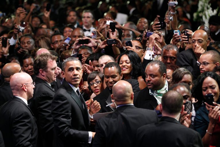 President Obama greets the crowd at a Congressional Black Caucus Foundation Annual Phoenix Awards in Washington September 2011. (AP Photo/Manuel Balce Ceneta)