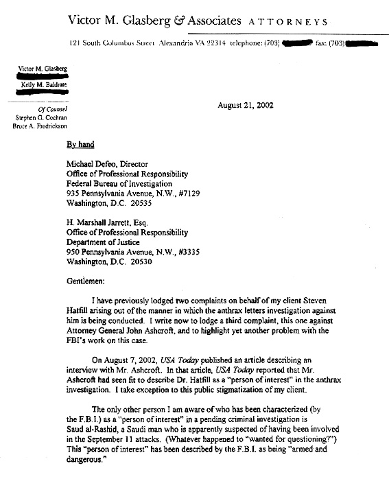 Glasberg Letter to FBI/DoJ, August 21, 2002