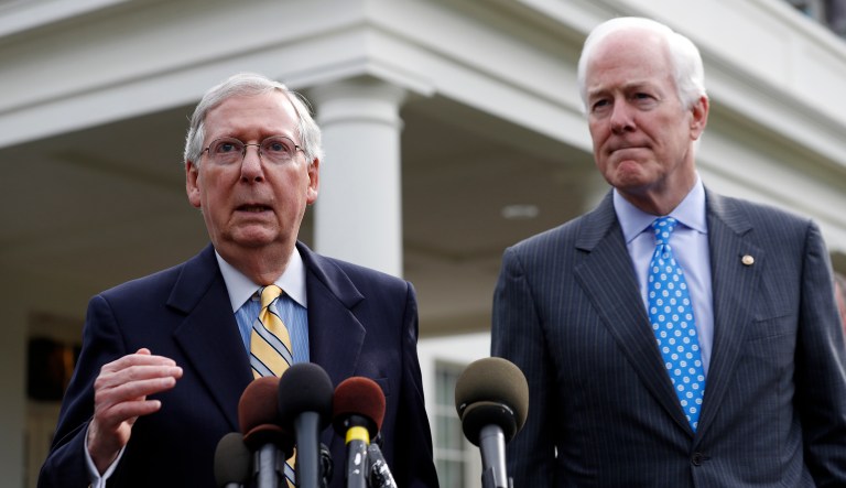 Senate Majority Leader Mitch McConnell and Senate Majority Whip Sen. John Cornyn speak with the media after Senate Republicans decided to scrap a vote before the July 4 recess. (AP Photo/Alex Brandon)