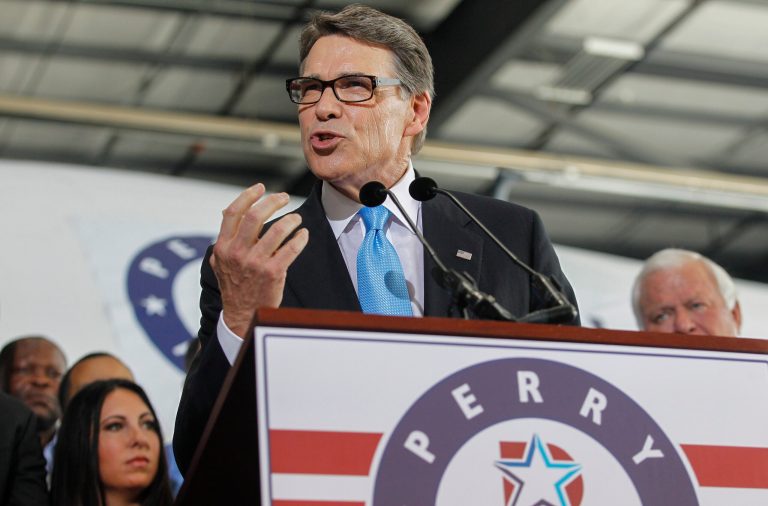 Former Texas Gov. Rick Perry speaks to supporters after announcing the launch of his presidential campaign for the 2016 elections in Addison,Texas, on Thursday, June 4, 2015. (AP Photo/Tim Sharp)