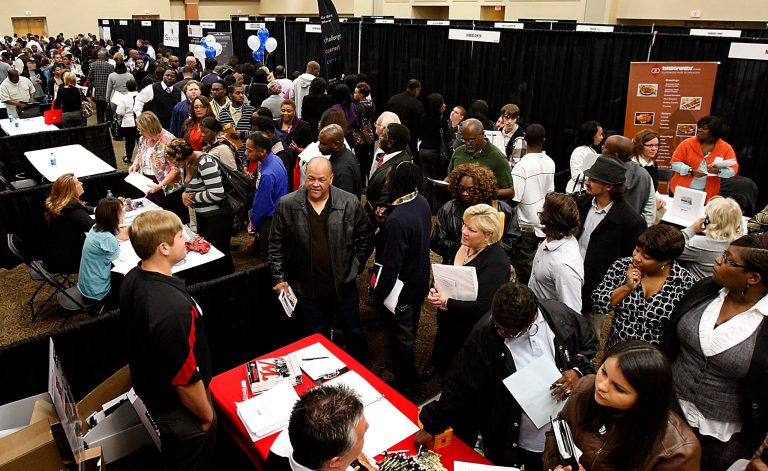 Hundreds of job applicants attend the DeSoto County Job Fair at Landers Center, Tuesday, Oct. 9, 2012, in Southaven, Miss. (AP Photo/The Commercial Appeal, Stan Carroll)