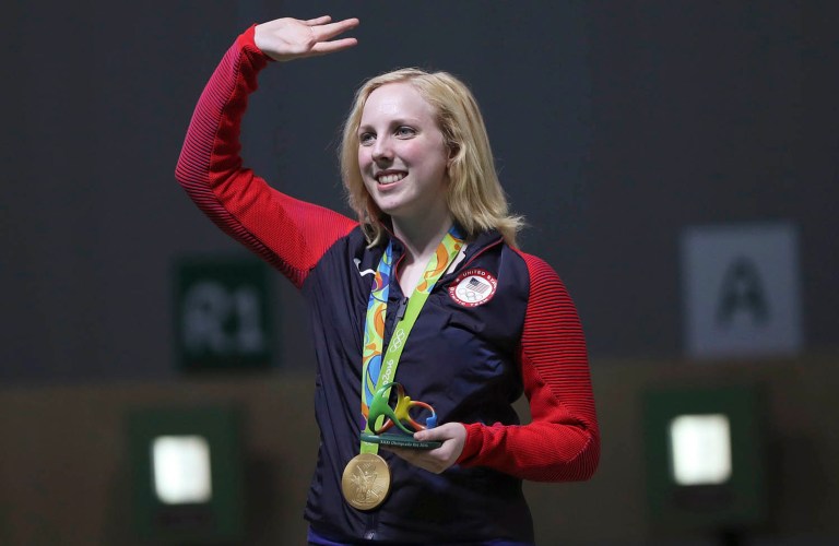 Ginny Thrasher won gold in the 10-meter air rifle event on Saturday morning, also setting a new Olympic record in the finals. (AP Photo/Eugene Hoshiko)